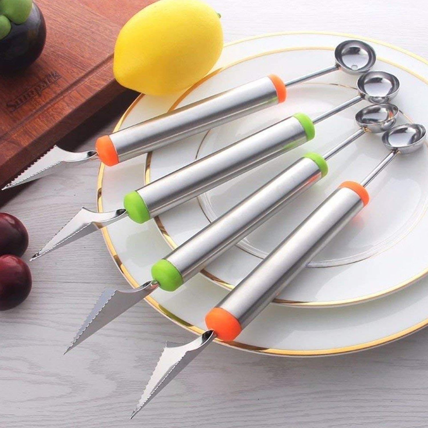 5335 Multifunctional 2 in 1 Melon Baller - Stainless Steel Dig Scoop with Fruit Carving Knife. DeoDap 5335 Multifunctional 2 in 1 Melon Baller - Stainless Steel Dig Scoop with Fruit Carving Knife. DeoDap